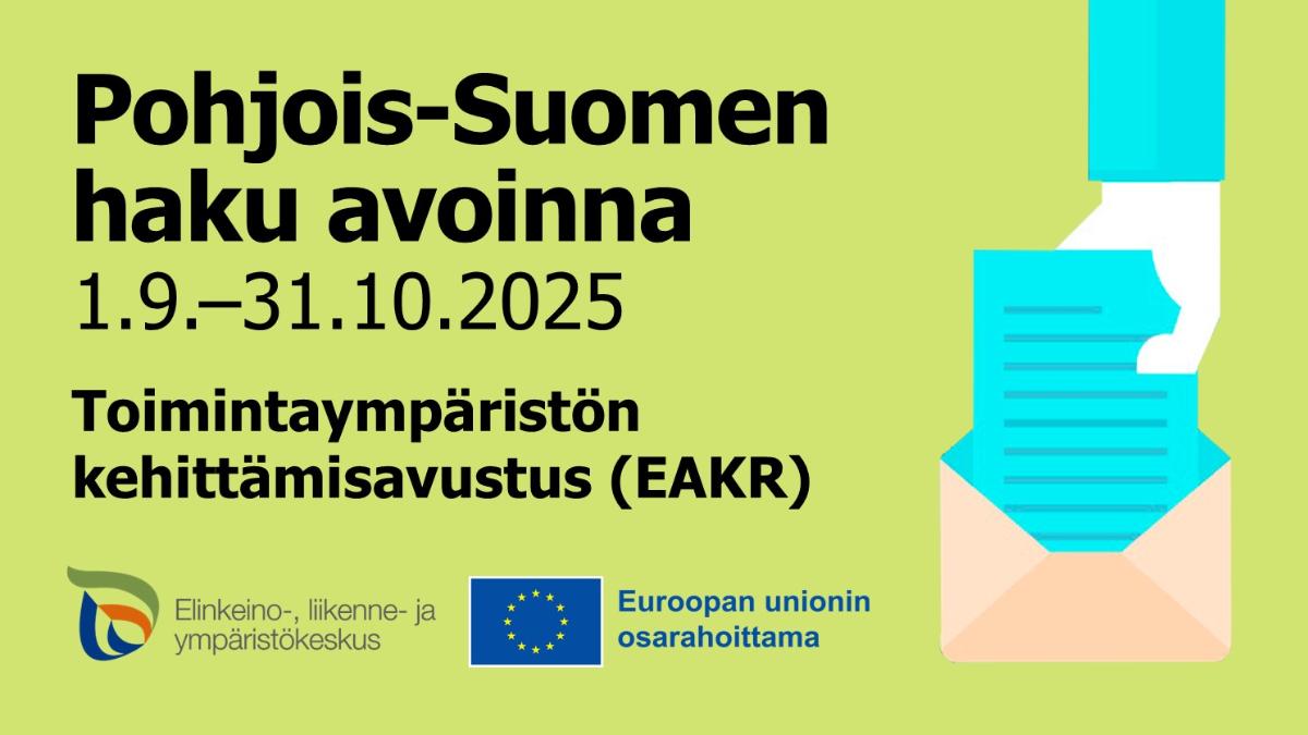 Hakuilmoituskuvassa haun tiedot sekä ELY-keskuksen ja Euroopan unionin osarahoittama -logot.