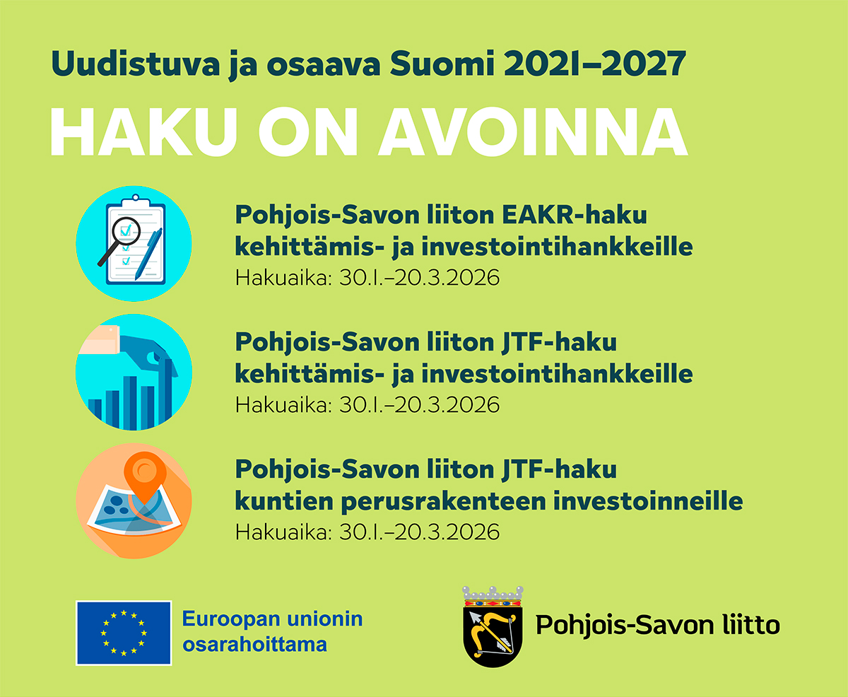 Kuvaus Pohjois-Savon liiton avoinna olevista rahoitushauista.