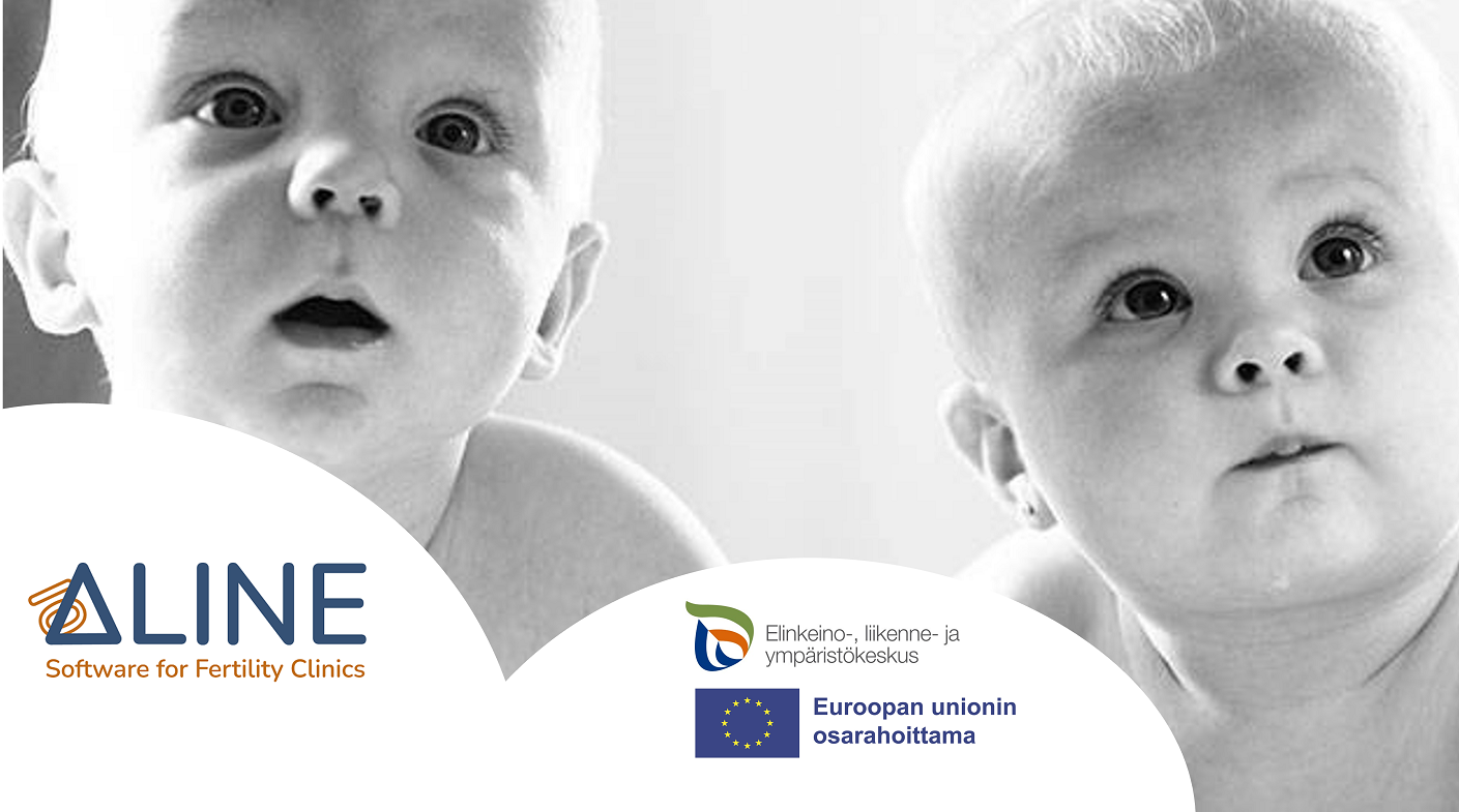 Kaksi vauvaa ja kolme logoa: Aline Software for Fertility Clinics, ELY-keskus ja Euroopan unionin osarahoittama.