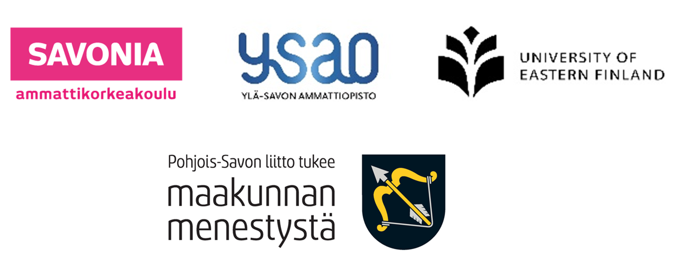 Savonia-ammattikorkeakoulun, Ylä-Savon ammattioppilaitoksen, Itä-Suomen yliopiston ja Pohjois-Savon liiton logot