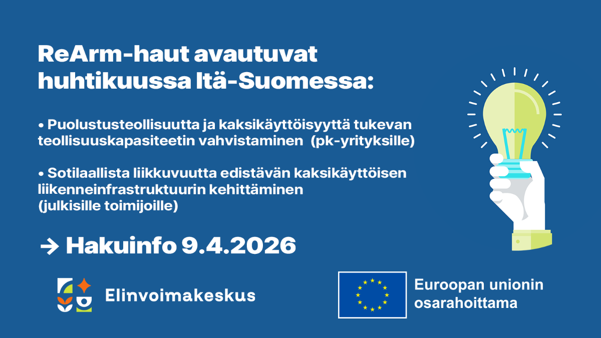 Kädessä loistava hehkulamppu. Teksti: Yrityksen kehittämisavustus Puolustusteollisuutta ja kaksikäyttöisyyttä tukevan teollisuuskapasiteetin vahvistamiseen Itä-Suomessa avataan. Hakuinfo 9.4.2026.