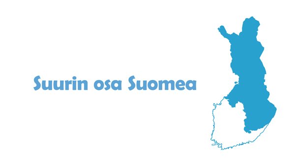 Kartta Suomesta, johon on rajattu Itä- ja Pohjois-Suomen alue. Teksti Suurin osa Suomea.