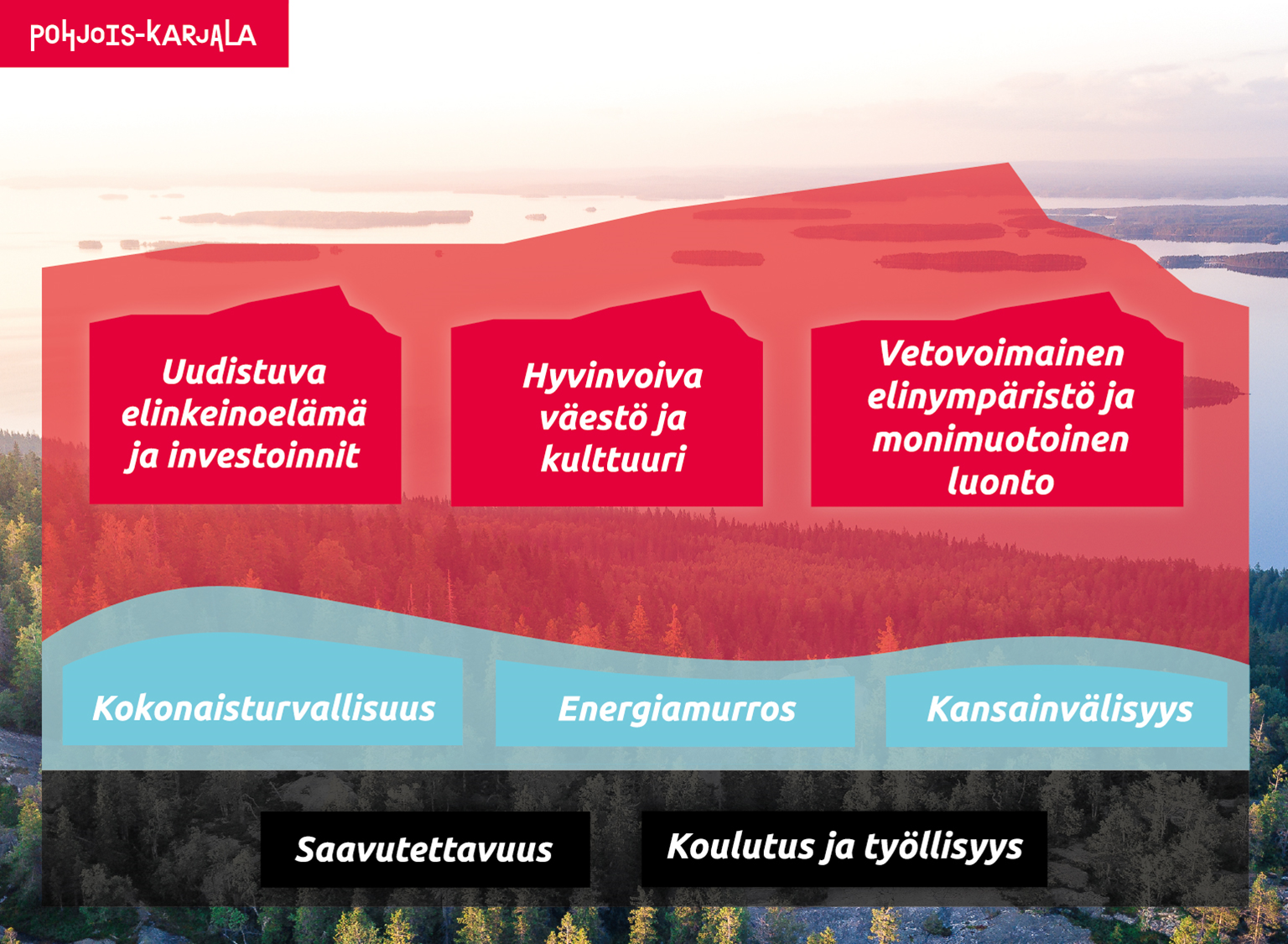 Kuvassa ylläolevaan tekstiin kirjatut Pohjois-Karjalan maakuntaohjelman tavoitteet