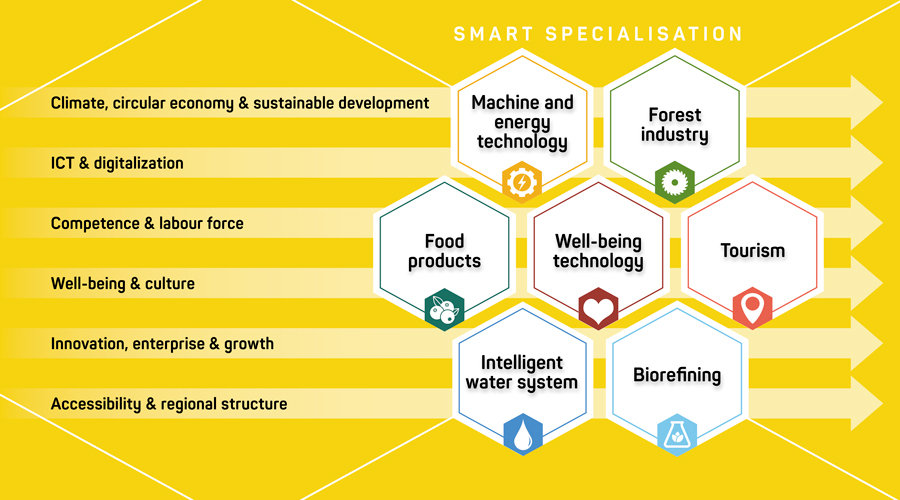 The region’s development priorities are also North Savo’s choices for smart specialisation. This picture visualizes the smart specialisation in North Savo. 