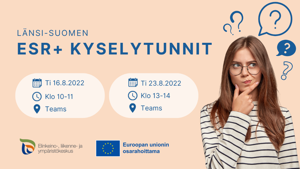 Länsi-Suomen ESR + -kyselytunnit ti 16.8. klo 10-11 ja ti 23.8. klo 10-11. ELY-keskuksen logo ja EU:n lippulogo tekstillä Euroopan unionin osarahoittama. Mietteliään näköinen naisoletettu, kysymysmerkkejä.