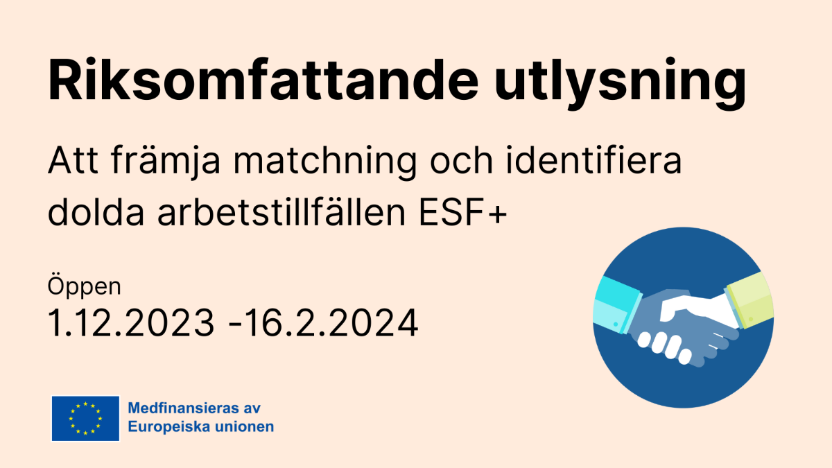 Riksomfattande utlysning att främja matchining och identifiera dolda arbetstillfällen ESF+ öppen 1.12.2023–16.2.2024, EU flaggan med text Medfinansieras av Europeiska unionen.