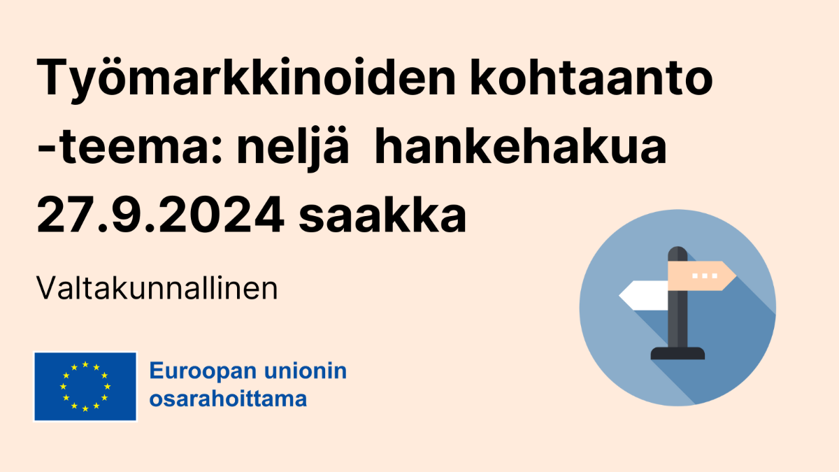 Valtakunnallinen Työmarkkinoiden kohtaanto -teema: neljä hankehakua 27.9.2024 saakka, EU-lippulogo tekstillä Euroopan unionin osarahoittama sekä ikoni, jossa tienviitat.