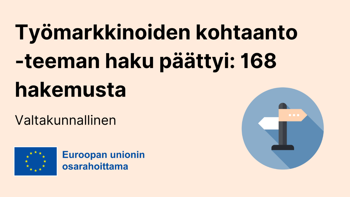 Työmarkkinoiden kohtaanto -teeman haku päättyi: 168 hakemusta, EU-lippulogo tekstillä Euroopan unionin osarahoittama sekä ikoni, jossa tienviitat.