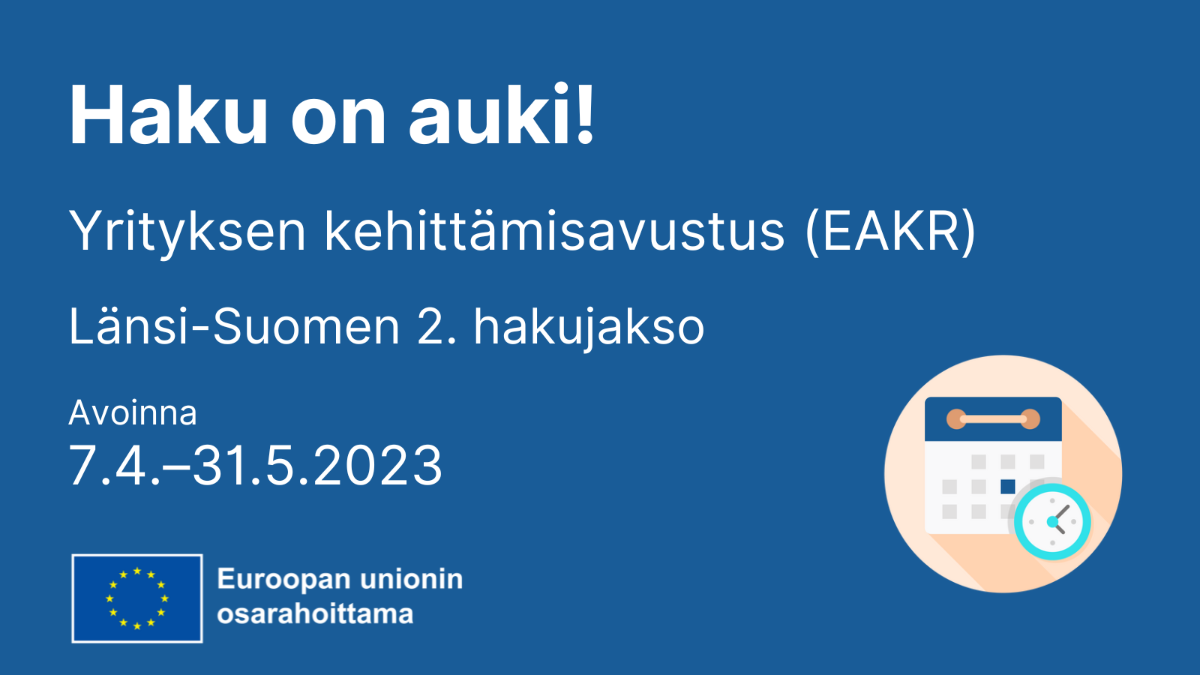 EAKR yrityksen kehittämisavustus sekä EU-lipulogo ja ikoni, jossa kalenteri ja kello.