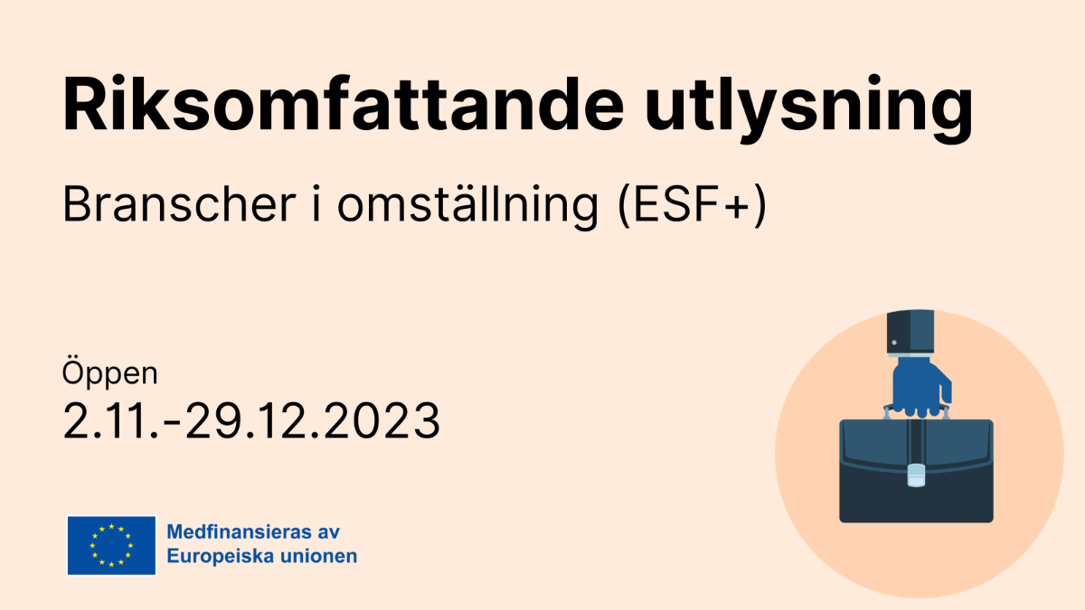 Text i foto: Riksomfattande utlysnins: Brancher i omställning (ESF+). Öppen 2.11.-29.12.2023. Logo: Medfinansieras av Europeiska unionen.