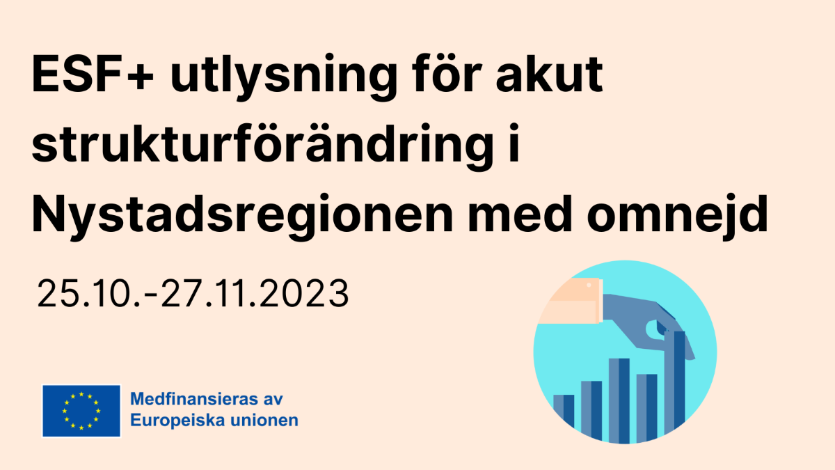 ESF+ utlysning för akut strukturförändring i Nystadsregionen med omnejd 25.10.–27.11.2023, EU-flaggan med text Medfinansieras av Europeiska unionen och ikon med hand och stapeldiagram.