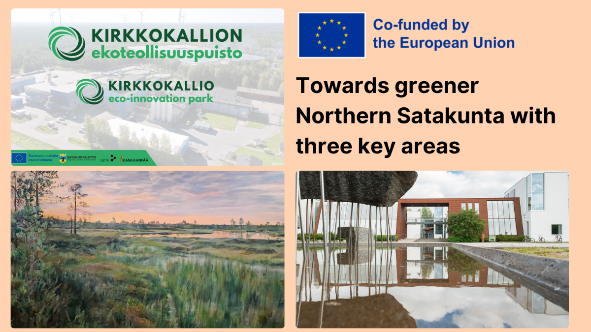 The logo of the Kirkkokallio, a photo about swamp and Kankaanpää School of Art, EU-flag with the text Co-funded by the European Union.