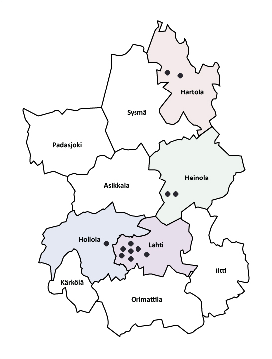 Päijät-Hämeen kartta, johon on merkitty osallistuvien yritysten kotipaikat.