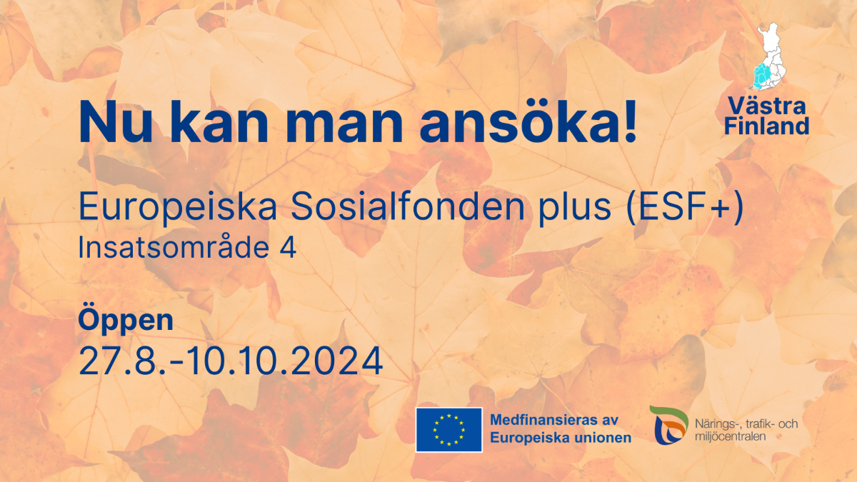 Nu kan man ansöka! Europeiska Sosialfonden plus (ESF+), Insatsområde 4, öppen 27.8.-10.10.2024.