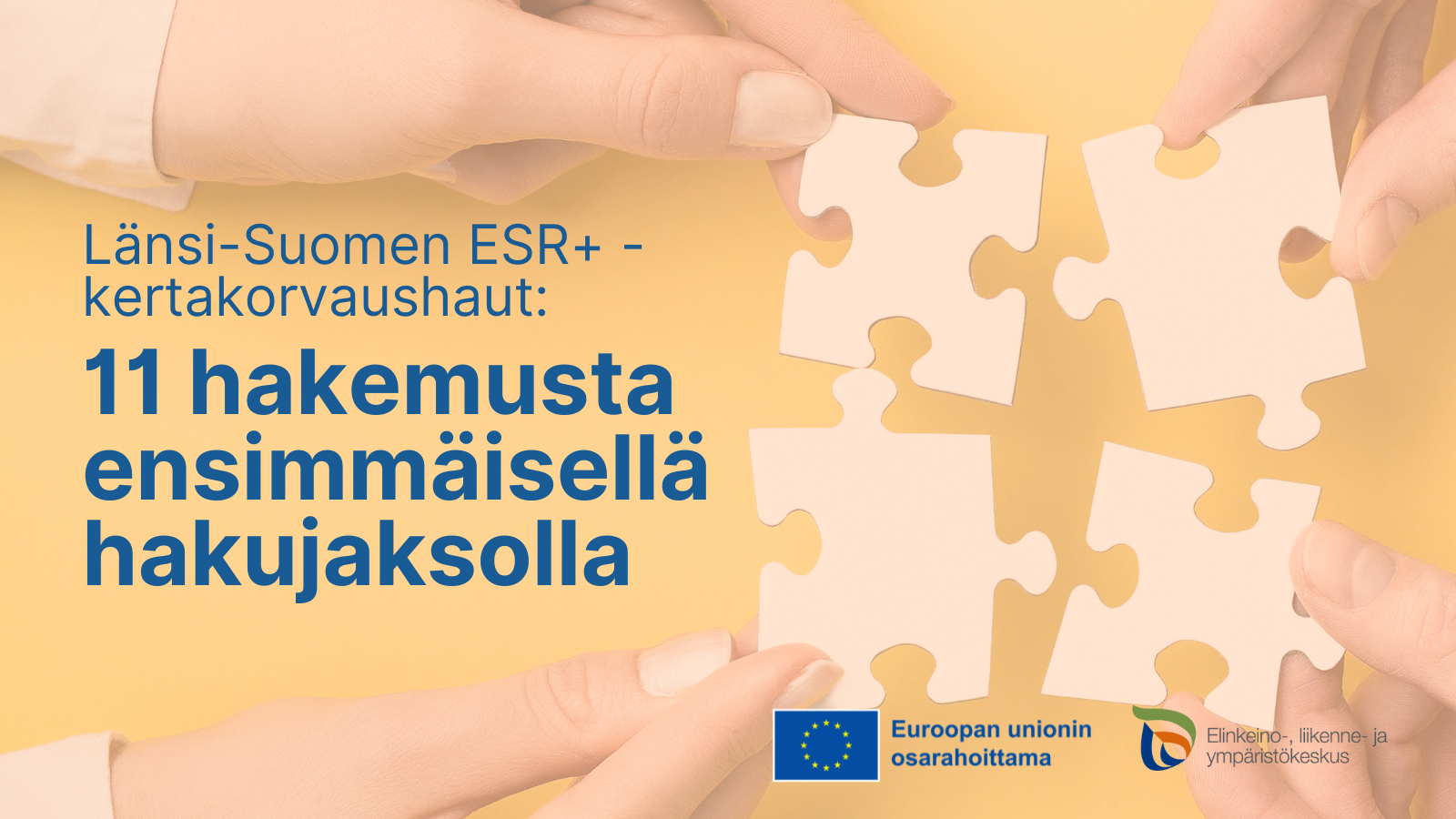 Länsi-Suomen ESR+ -kertakorvaushaut: 11 hakemusta ensimmäisellä hakujaksolla. Logot: ELY-keskus, EU:n lippu tekstillä Euroopan unionin osarahoittama.