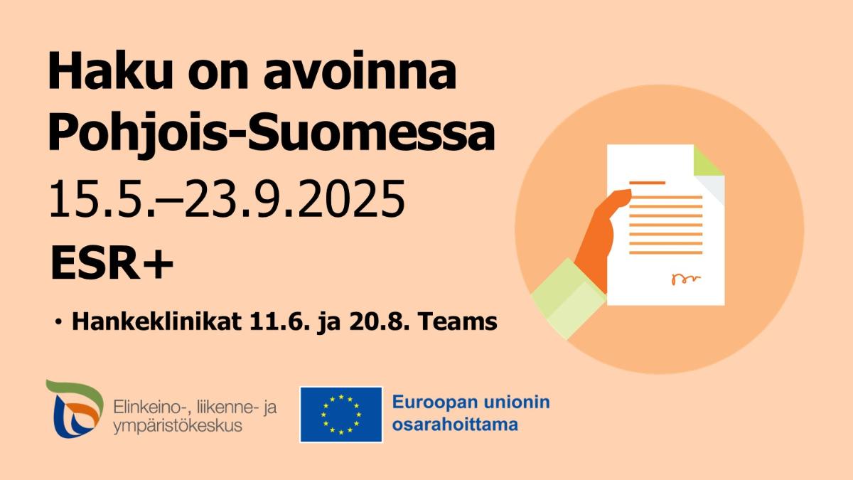 Hakukuva, ESR+, ELY-keskuksen ja Euroopan unionin osarahoittama -logot.