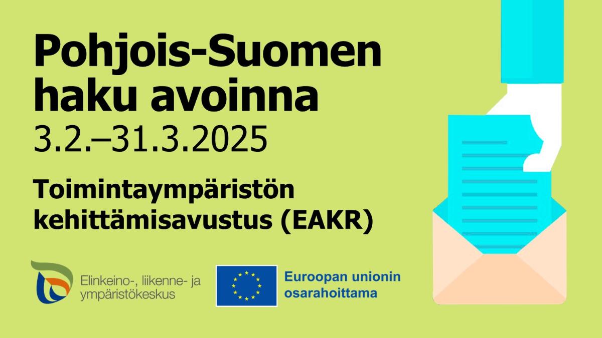 Hakuilmoituskuvassa haun tiedot sekä ELY-keskuksen ja Euroopan unionin osarahoittama -logot.