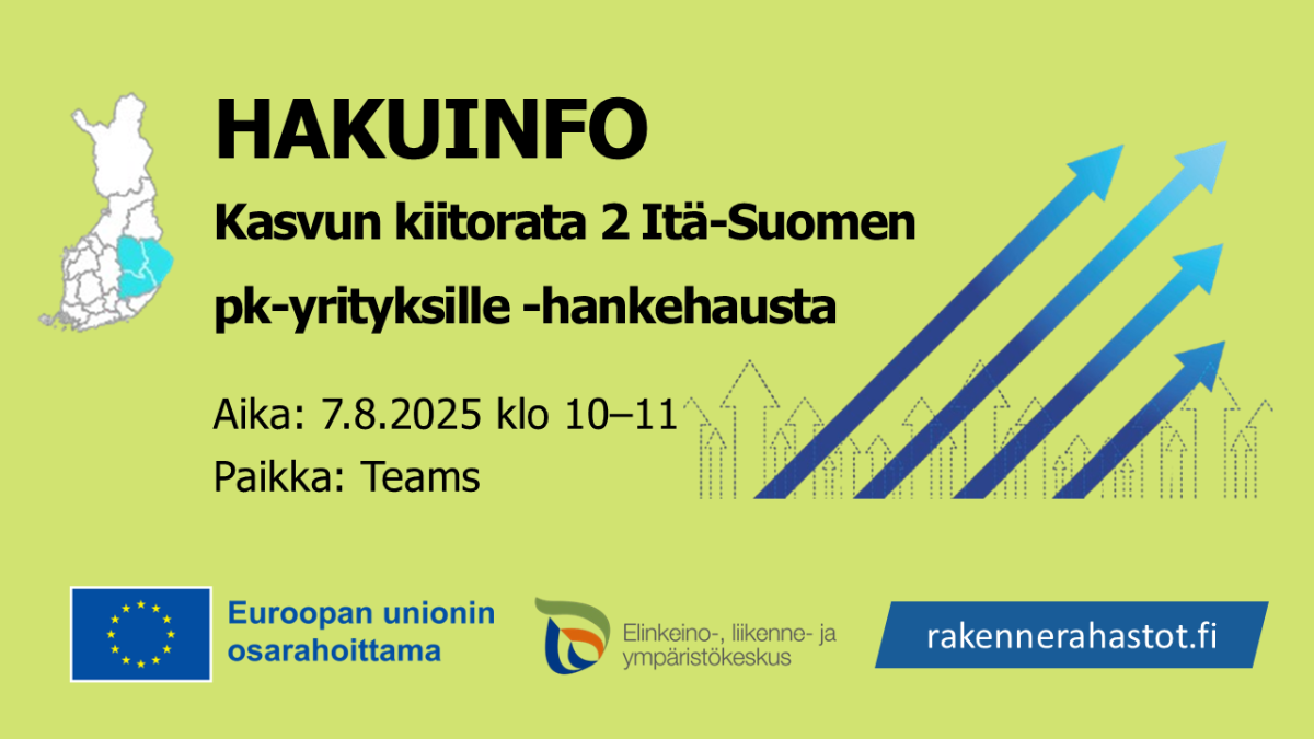 Itä-Suomen kartta ja ylöspäin osoittavat siniset nuolet. Tekstinä: Hakuinfo Kasvun kiitorata 2 Itä-Suomen pk-yrityksille -hankehausta 7.8.2025 klo 10-11. Paikka Teams. EU:n ja ELY-keskuksen logot.
