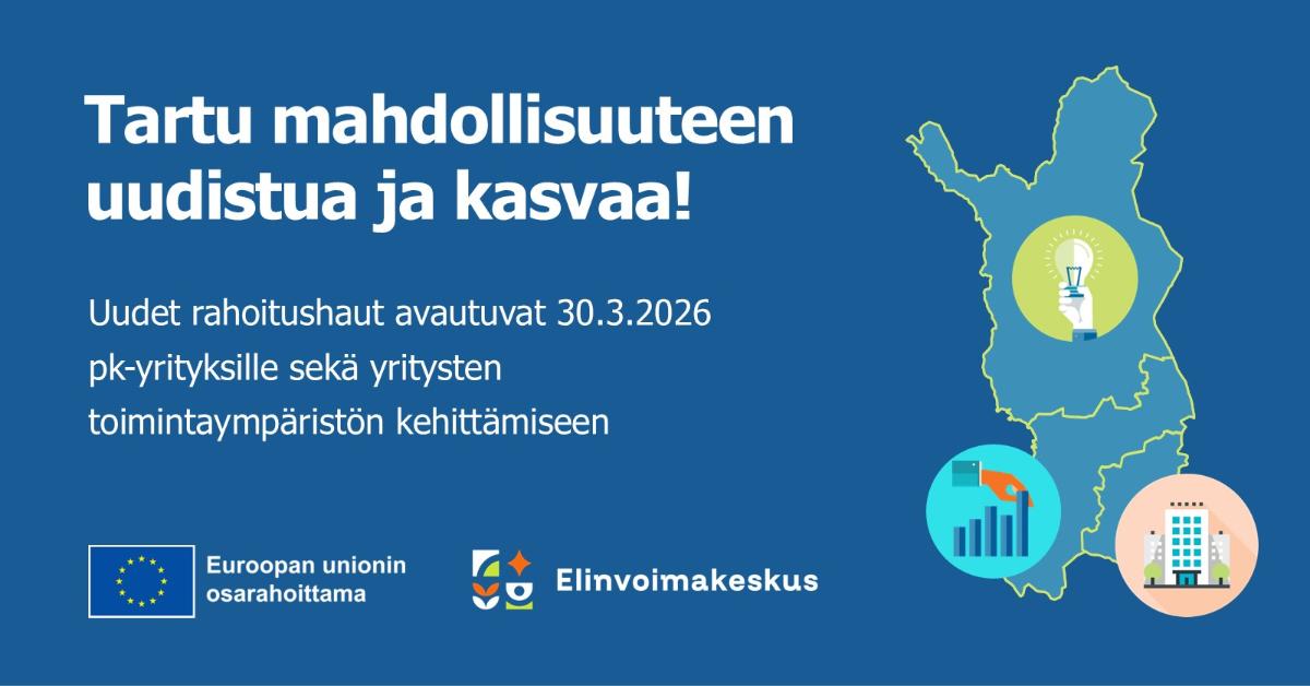 Tekstiä, Pohjois-Pohjanmaan, Kainun ja Lapin maakunnat kartalla sekä Euroopan unionin osarahoittama ja elinvoimakeskus -logot.