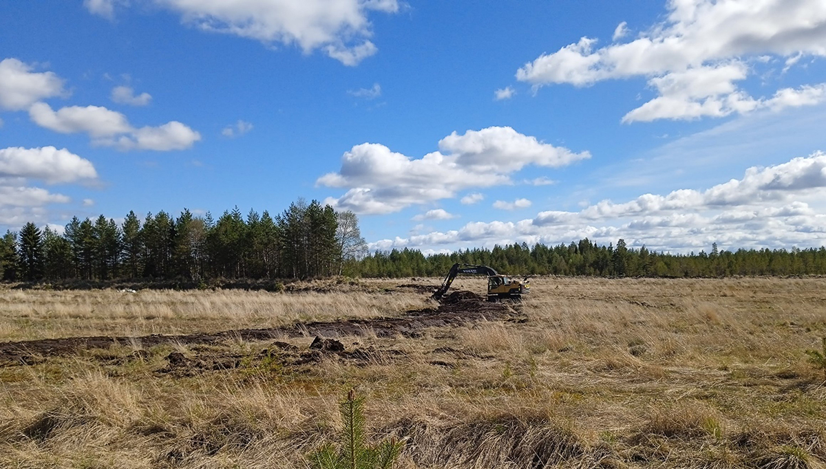 Kaivuri entisellä turvetuotantoaleella kaivamassa maavalleja.