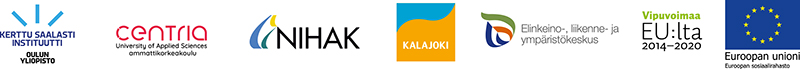 Kerttu Saalasti instituutti Oulun yliopisto, Centria, NIHAK, Kalajoki, ELY-keskus, Vipuvoimaa EU:lta 2014-2020 ja Euroopan unioni ESR-logot.