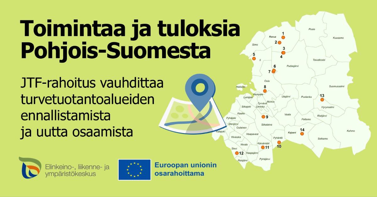 Toimintaa ja tuloksia -kuvituskuva, jossa Pohjois-Suomen ennallistamishankkeista kartta.